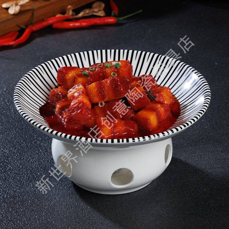 北欧极简条纹圆形创意陶瓷加热保温明炉餐盘酒店饭店家用品质好物