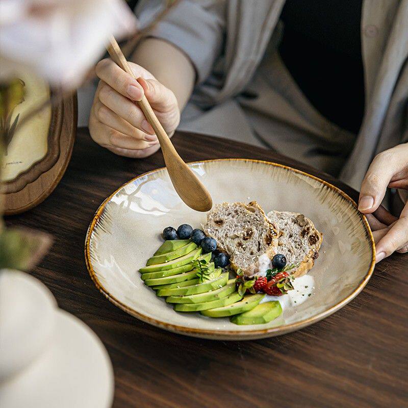 小悠家〖高颜值不规则深盘〗复古9英寸沙拉盘窑变陶瓷饭盘备菜盘