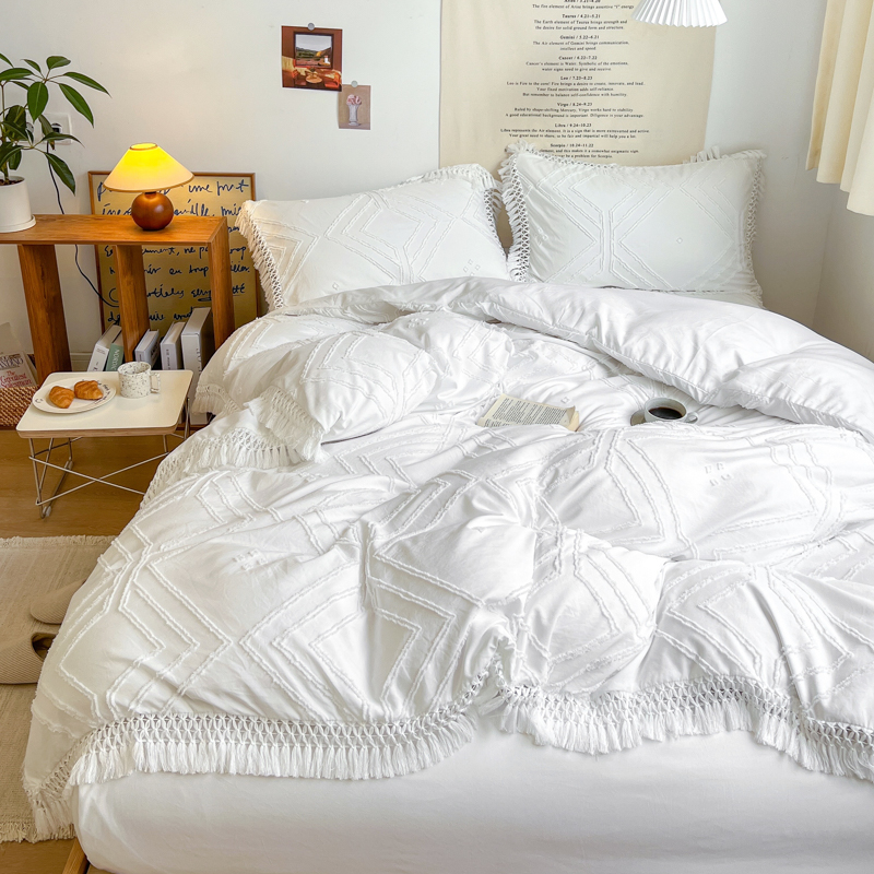 现货is高级感白色韩式流苏床上用品四件套民宿1.5m1.8床单床笠款