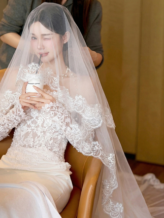 Lace Veil Bridal Main Wedding Dress Long Double-Layered Train Vintage Simple Atmosphere Internet Celebrity Photo Prop Veil