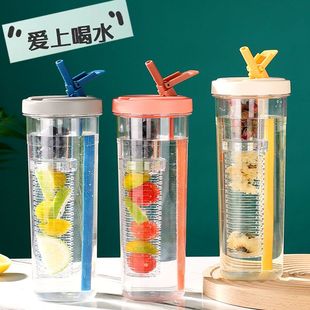 大容量塑料吸管水杯子ins高颜值女男学生简约小众水果花茶杯 新款