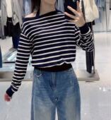 毛衣 两件套女长袖 2636 海军风一字领条纹针织衫