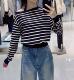 毛衣 两件套女长袖 2636 海军风一字领条纹针织衫