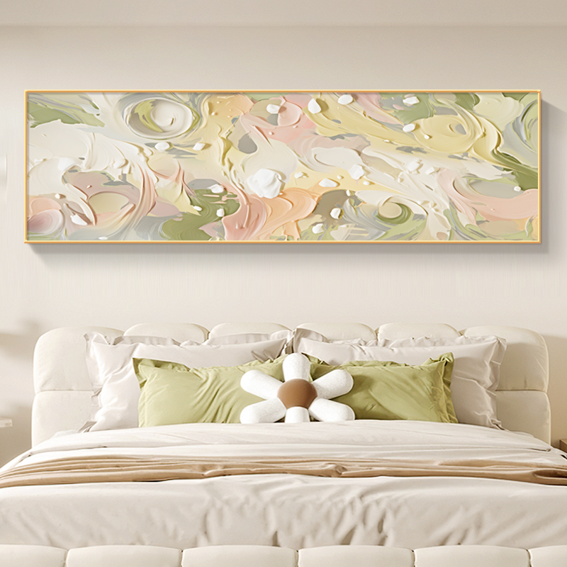 2023新款抽i象法式奶油风横幅高级感卧室装饰画床头画主卧客厅挂