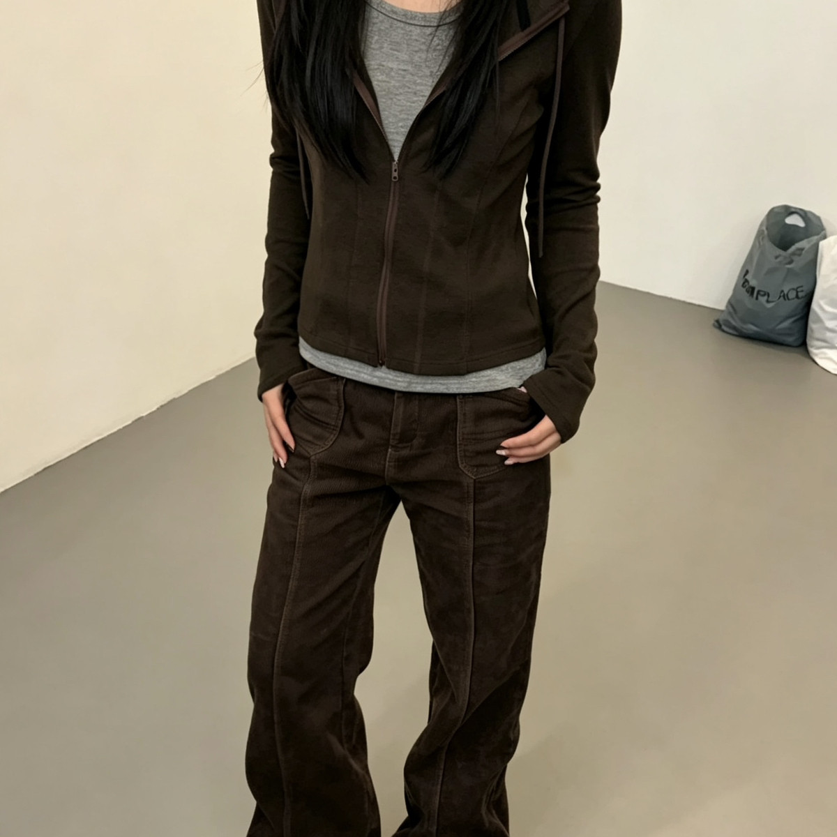 meet up studio-瑜伽线高弹面料显瘦百搭拼色假两件帽衫小衫51607