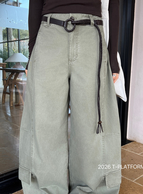 T-PLATFORM-新款高腰小个子宽松显瘦阔腿休闲弯刀休闲裤16016军绿