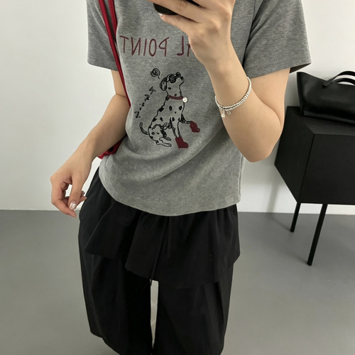 meet up studio-链绣字母刺绣小狗图案撞色高弹短袖t短袖T恤51373