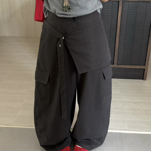 meet up studio-后松紧腰头屁帘假两件猪鼻扣工装长裤休闲裤2690