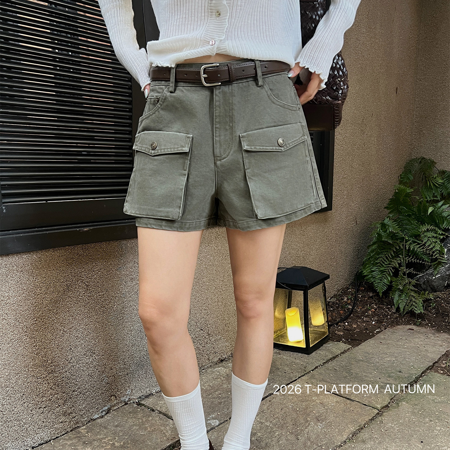 T-PLATFORM-体口袋阔腿裤女2026高腰防走光休闲短裤(配皮带)26131