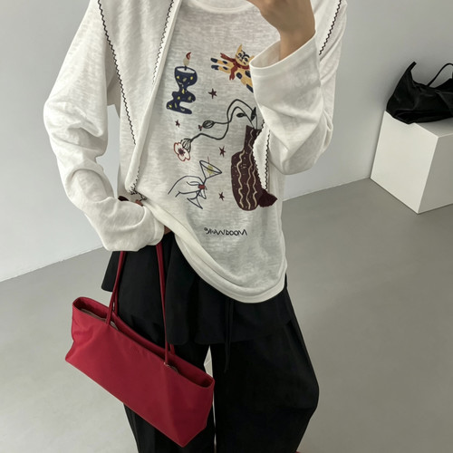 meet up studio-印花串珠配披肩专机工艺宽松长袖T恤(配披肩)7187