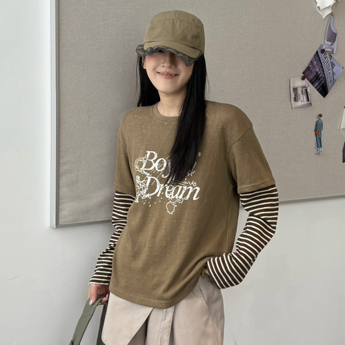 meet up studio-两件袖子拼接条纹撞色包容性强长袖T长袖T恤51321
