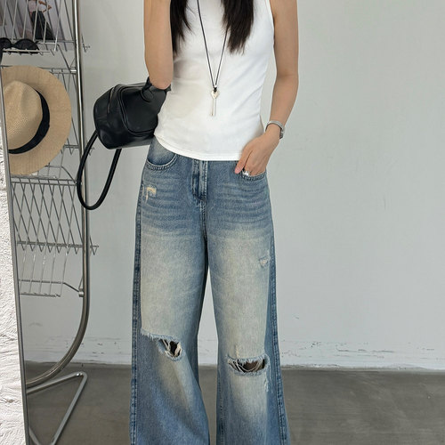 T-PLATFORM-洞阔腿直筒裤女夏季高级感日常百搭牛仔裤68385流石金