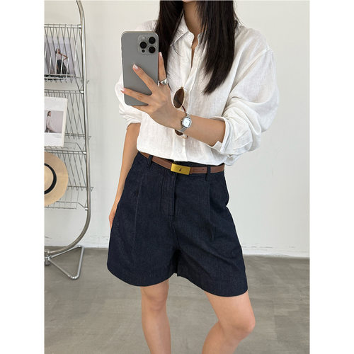 T-PLATFORM 夏季极简老钱风牛仔裤女高腰显瘦牛仔蓝短裤68367