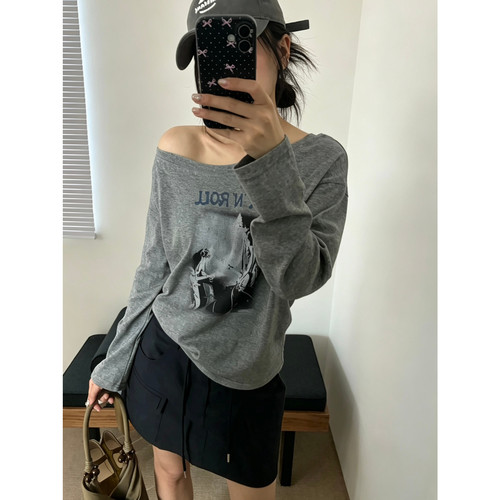 meet up studio-朋克印花倒t版型显瘦百搭斜肩长袖T长袖T恤51375