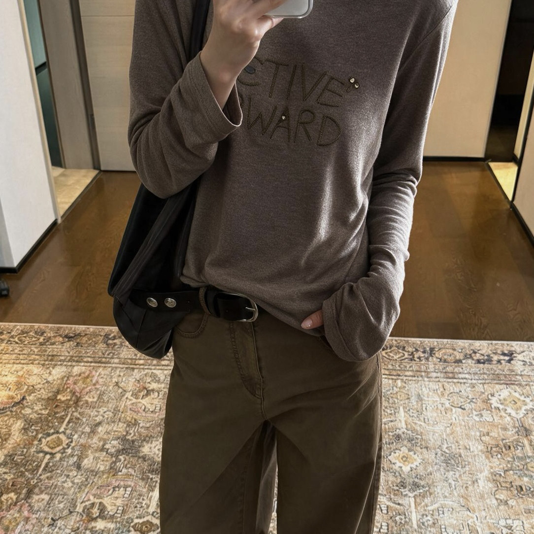 meet up studio-显瘦百搭刺绣撞色字母钉珠设计长袖T长袖T恤51562