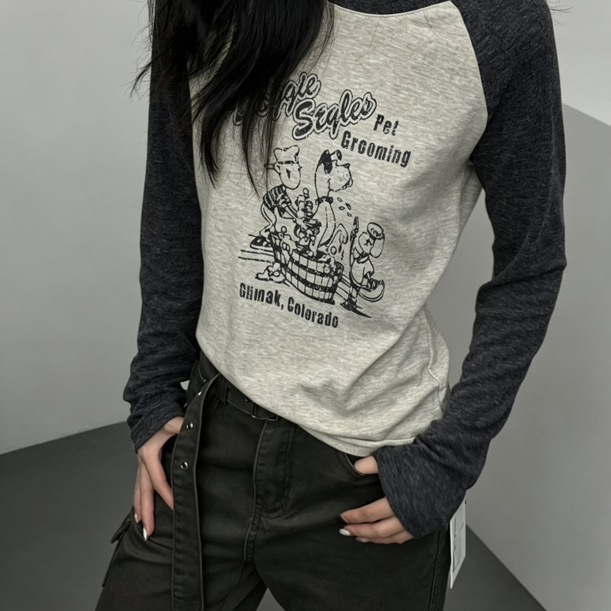 meet up studio-花韩国面料杂色撞色高弹面料插肩袖T长袖T恤7267图片