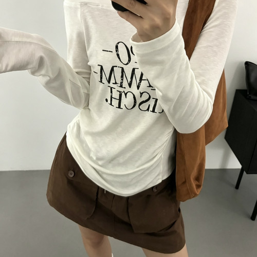 meet up studio-舒服字母印花下摆抽褶长袖T长袖T恤(配丝巾)51378