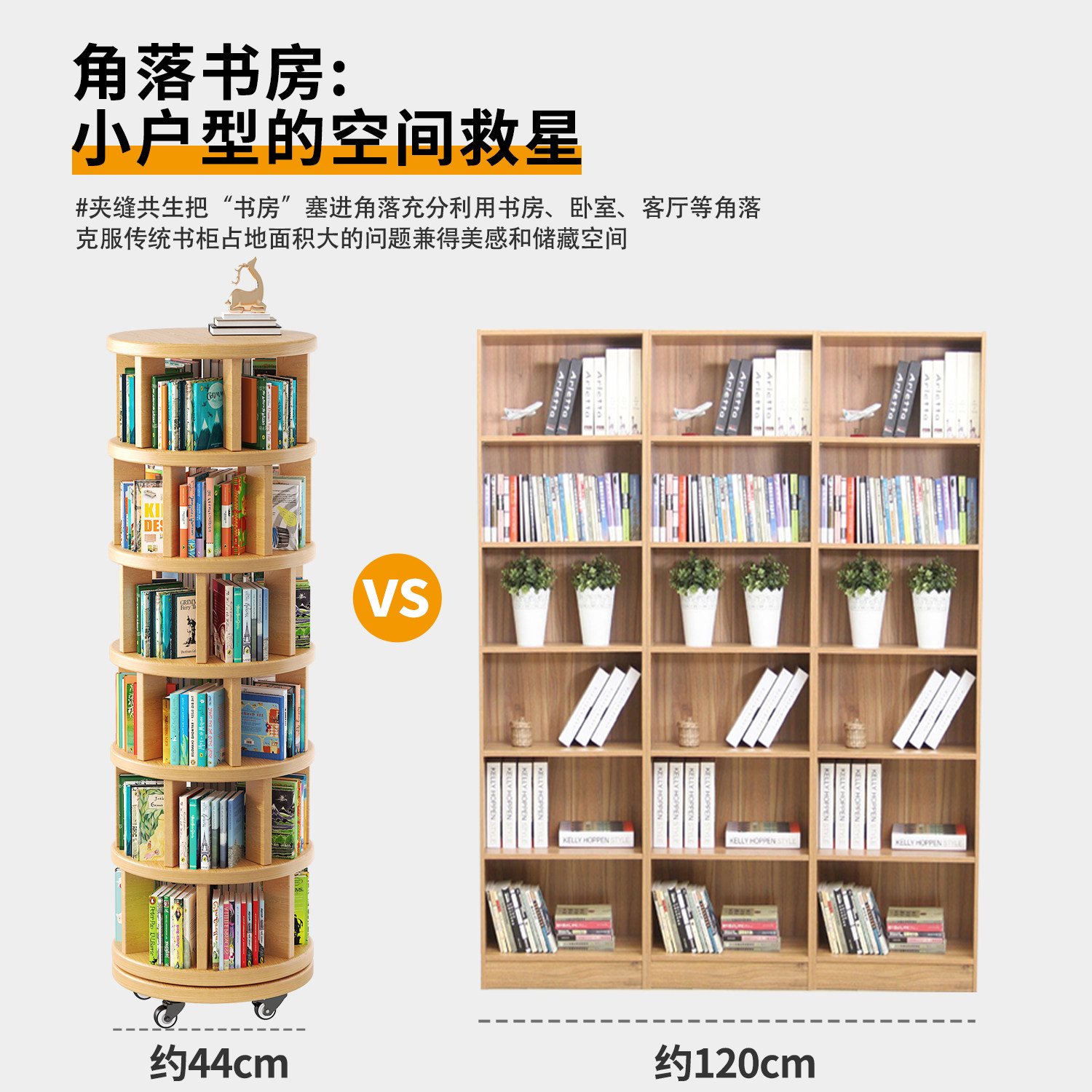 实木旋转书架360度书柜置物架落地一体靠墙可移动小书架转角窄柜