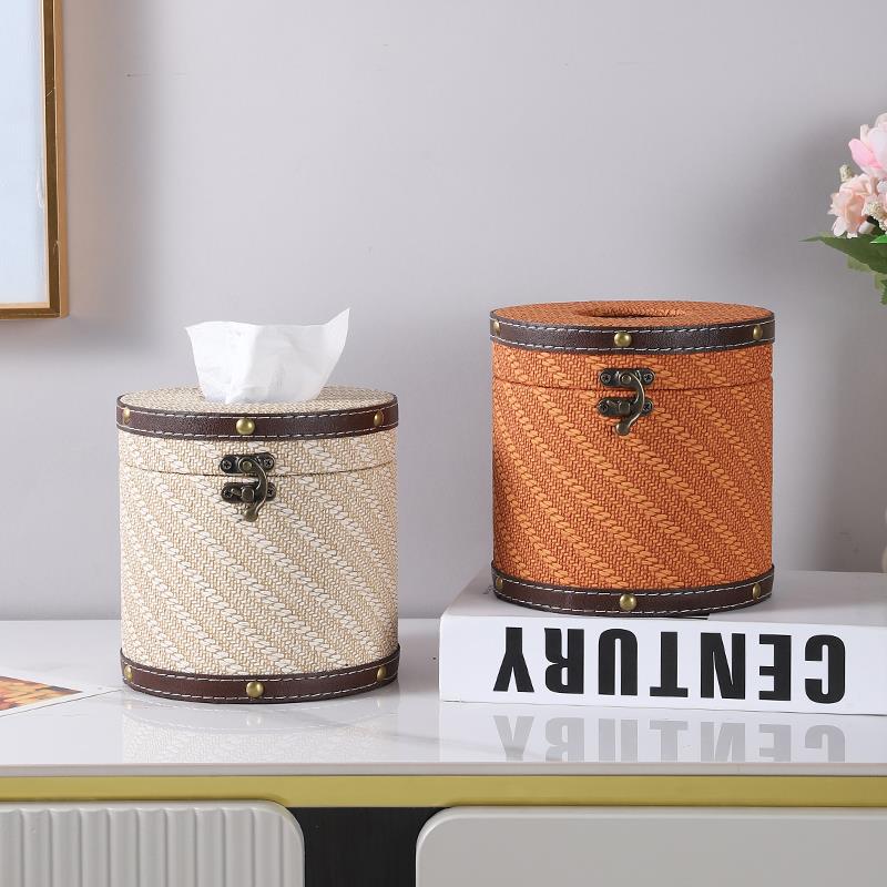 家用客厅桌面纸巾盒餐桌圆形创意高档轻奢皮革卷筒卫生纸筒化妆室