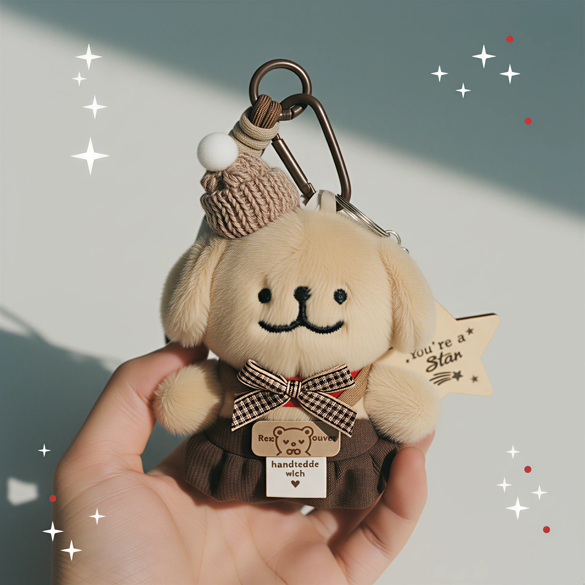 日本HOUSID正版美拉德线条小狗包包挂件毛绒玩偶钥匙扣圣诞礼物女