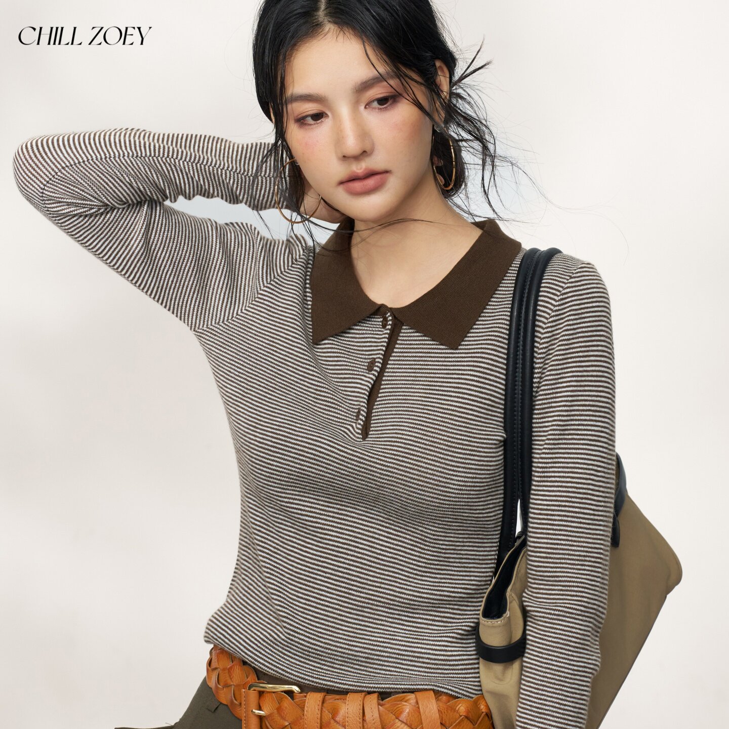 CHILL ZOEY 野草有蔓内搭高知感条纹POLO领针织衫修身通勤百搭