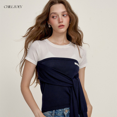 CHILLZOEY墨寒绑带T恤短袖破洞牛仔裤两件套设计感女时尚休闲套装
