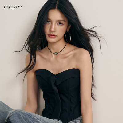CHILL ZOEY结构领带黑色抹胸上衣女生2025夏季新款性感收腰显瘦