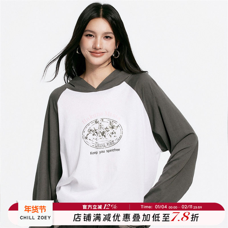 CHILL ZOEY 插肩袖连帽卫衣 2025年连帽卫衣女夏季薄款长袖宽松