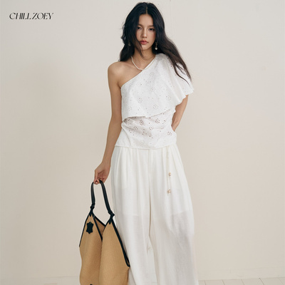 CHILL ZOEY吟风斜肩上衣女夏季新款时尚斜肩个性上衣设计感白色