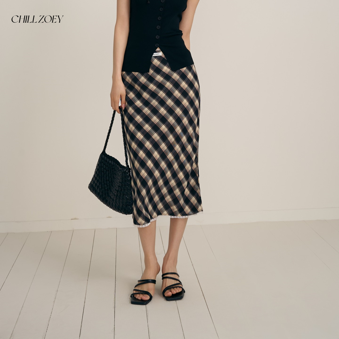 CHILLZOEY芮格半身裙2026夏季新款流行收腰气质格子拼接A字中长裙