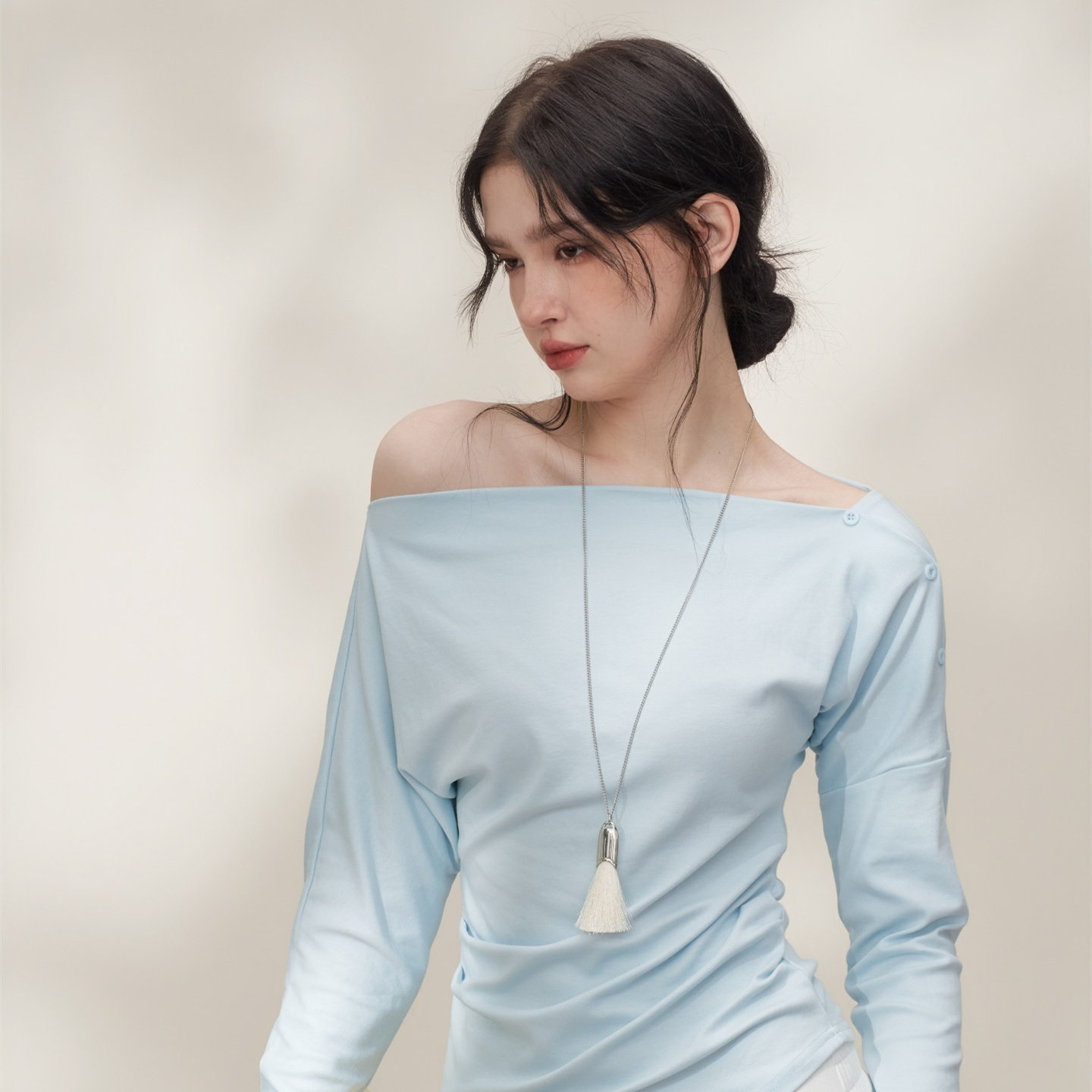 CHILL ZOEY 川之昼斜肩上衣新款设计感长袖收腰显瘦高级感气质T恤