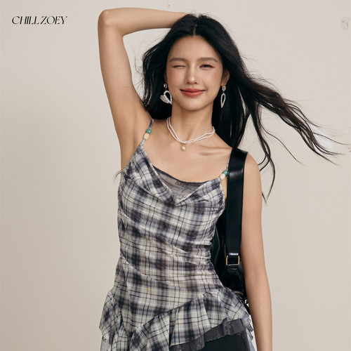 CHILL ZOEY牧色格纹不对称吊带女夏季新款背心气质修身设计感上衣