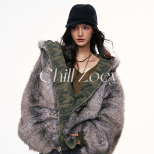 CHILL 设计感毛绒外套 ZOEY出逃暮色迷彩两面穿连帽外套女秋冬新款