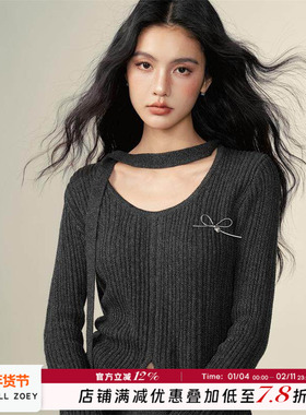 CHILL ZOEY 格雷系开叉针织上衣女修身针织上衣2025春冬长袖上衣