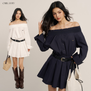 气质露肩长袖 都市甜心一字肩连衣裙秋季 女设计感收腰 ZOEY CHILL
