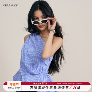 CHILLZOEY三两事不对称斜肩上衣女夏季新款条纹设计感无袖时尚T恤