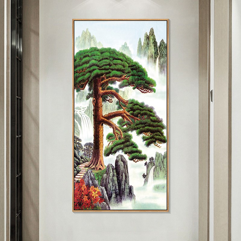迎客松画客厅挂画玄关p壁画农村中堂画走廊过道尽头松树装饰画竖图片