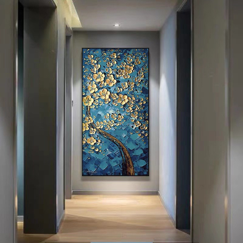 蓝韵发财树手绘油画现代简约入户玄关F装饰画立体厚油走廊过道挂