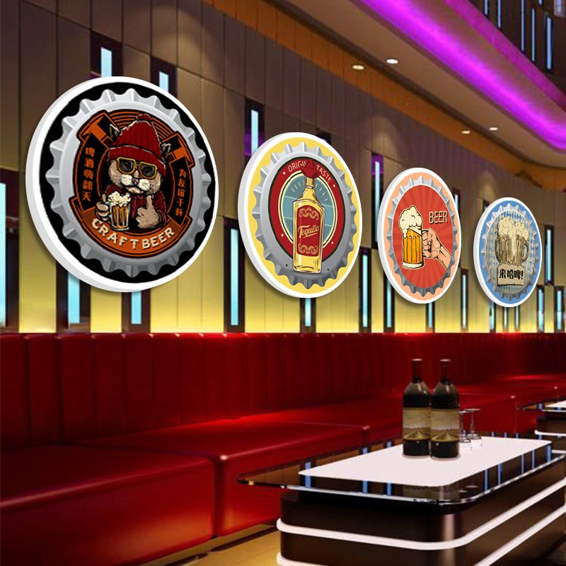 酒吧KTV装饰画美式复古圆形创意C挂件沙发背景墙面壁画啤酒瓶挂画图片