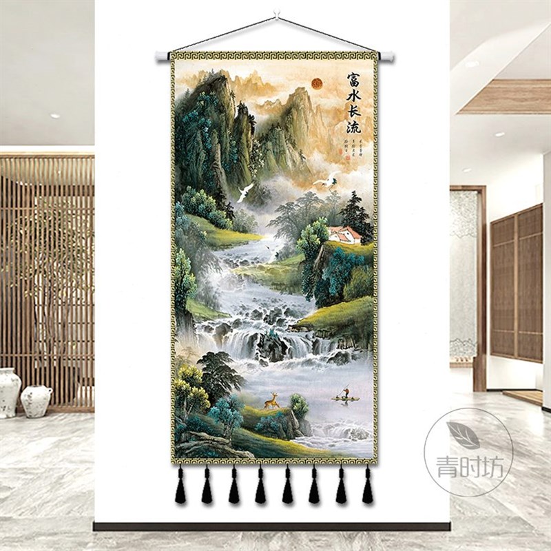 客厅书房隔断装饰挂毯挂画流v水挂布背景布玄关山水画布艺定制中图片