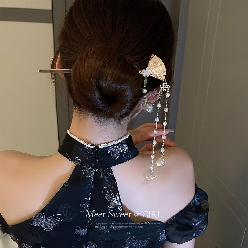 极速P扇子珍珠流苏吊坠发簪古风女感簪子配旗袍汉服头.饰发钗步摇