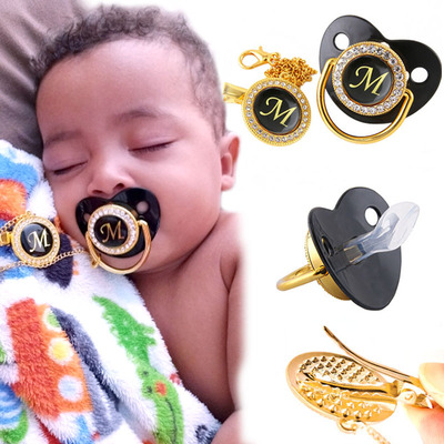 极速Name Initials Baby Pacifier and Clip LLuxury Black Bling