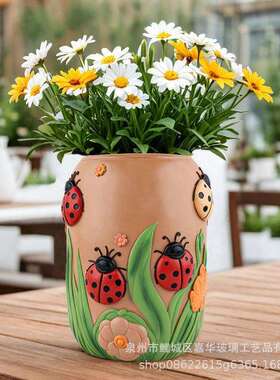 temu庭院花园动物昆虫七星瓢虫花盆摆件装饰家居桌面插花容器