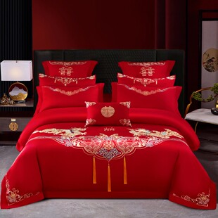 新款 纯棉喜庆四件套全棉结婚刺绣被套大红床单新婚床品 婚庆新中式