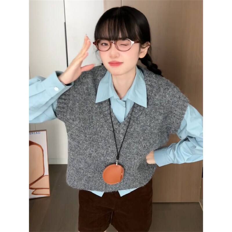 韩版校园风短款v领坎肩针织衫马甲背心女秋冬叠穿蓝衬衫两件套装