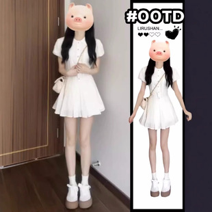 学院风甜美气质衬衫 连衣裙女夏季 收腰小个子设计感翻领泡泡袖