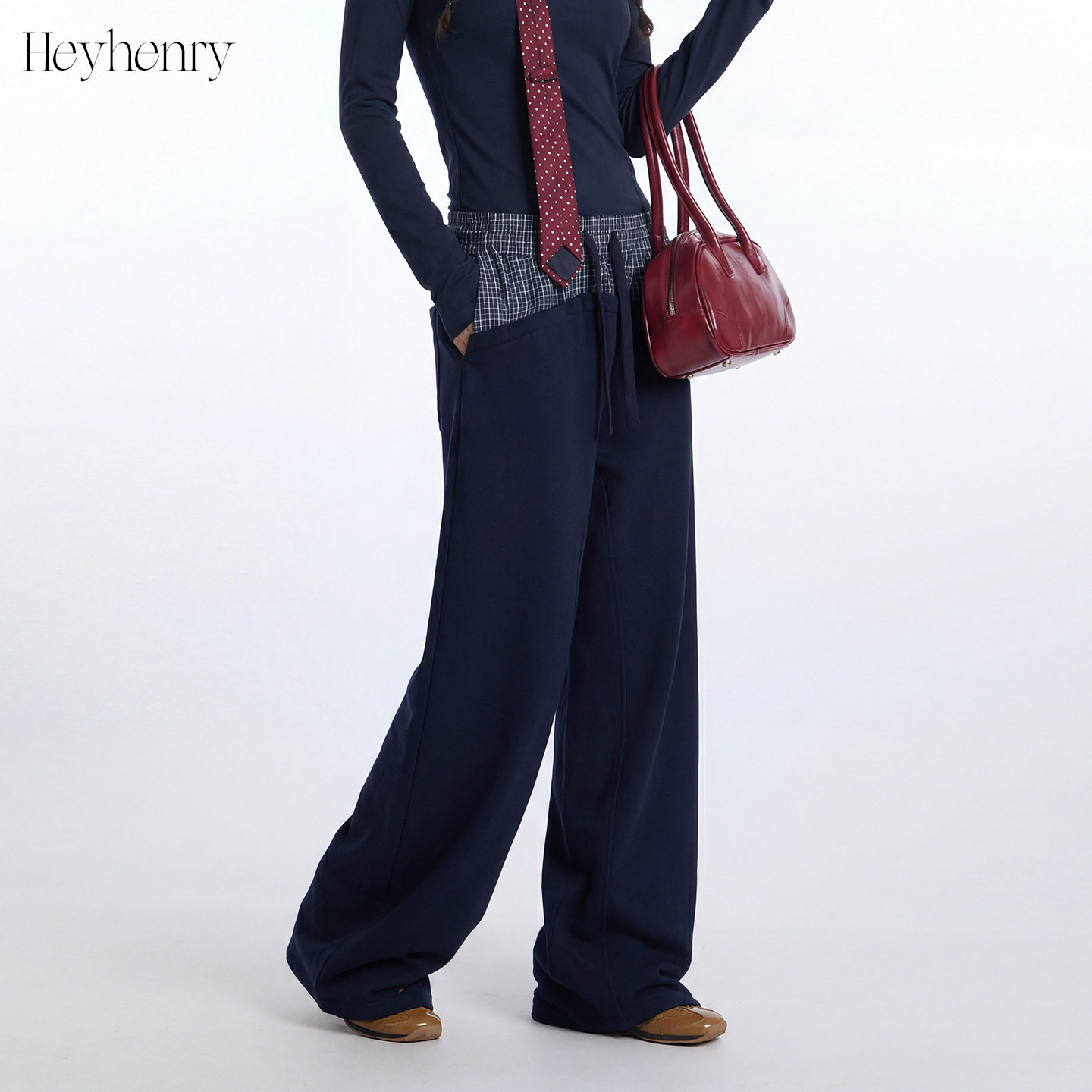 HeyHenry美式拼接运动阔腿卫裤女春季宽松慵懒设计感潮流休闲裤子