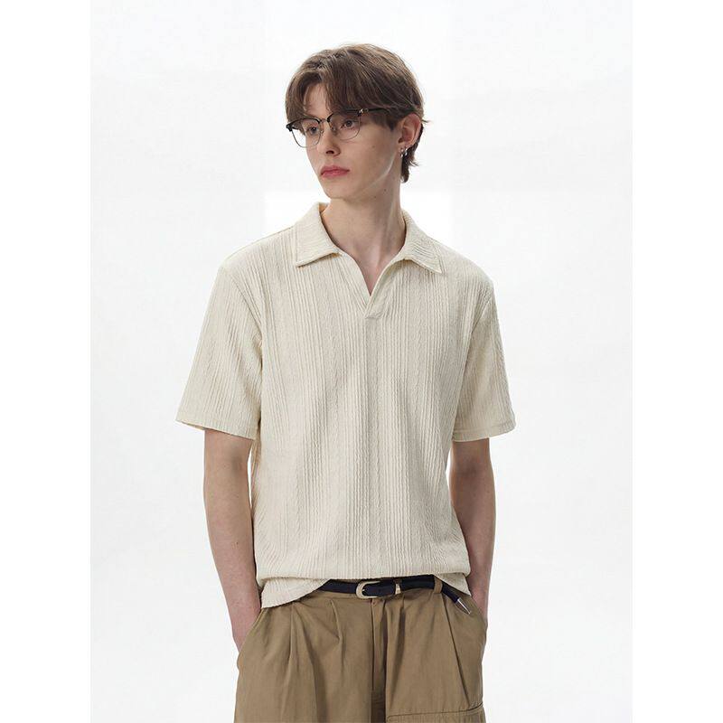 2026春季新款男士肌理感麻花条纹短袖polo衫V领复古夏季百搭T恤潮