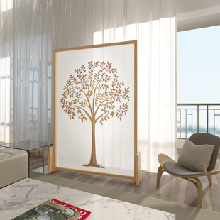 实木环保纱画风水半透明座屏 家用屏风隔断客厅小户型简约现代中式