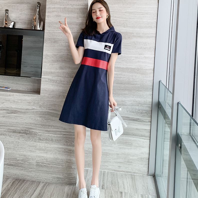 时尚气质显瘦t恤裙女中长款2024连帽连衣裙夏季新款宽松运动休闲